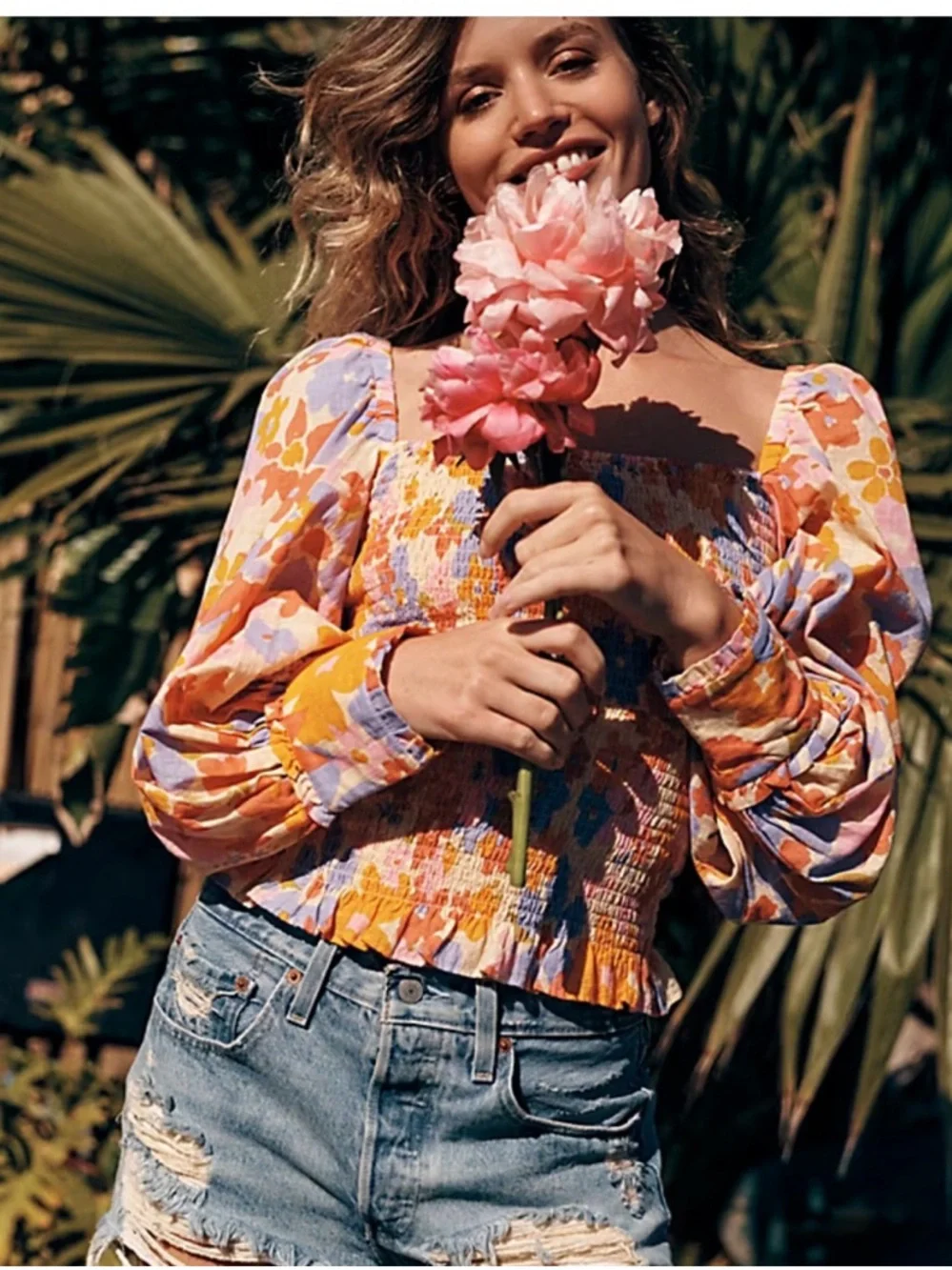Free People 100% Cotton Floral Smocked Puff-Sleeve Top in Lavender & Orange